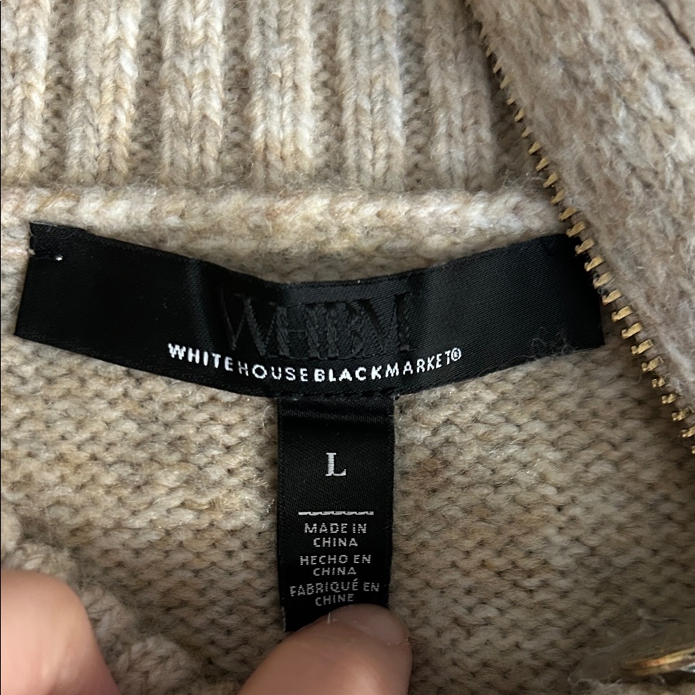 White House Black Market Cream Cable-Sleeve Zip-Collar Sweater - Picture 4 of 4